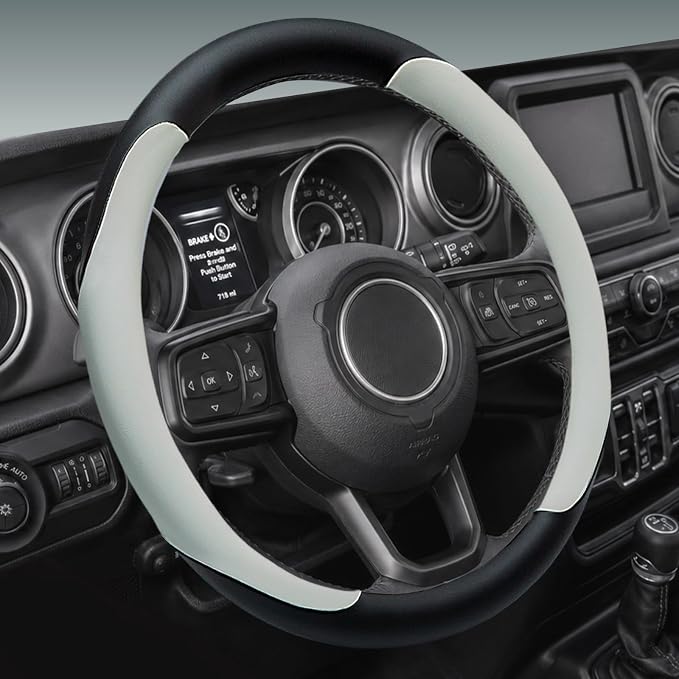 Yangday Leather Steering Wheel Cover for Jeep Wrangler Grand Cherokee Compass, 14.5-15 inches Car Steering Wheel Cover with Non-Slip Breathable (White)