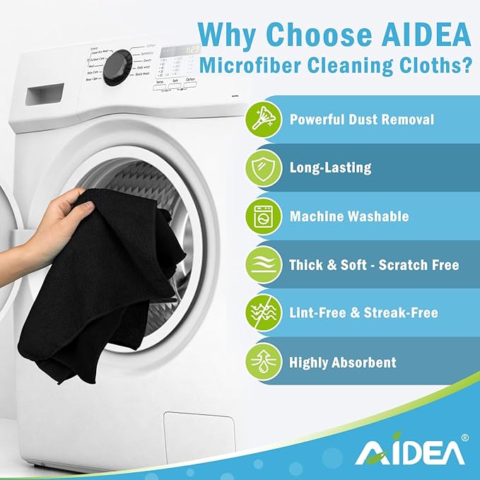 AIDEA Black Microfiber Cleaning Cloth-12PK, Absorbent Cleaning Rags 12"x12" | Microfiber Towels for Cars Lint Free Soft Microfiber Towels, Kitchen Towels Dusting Cloth, Dish Rags, Cleaning Towels
