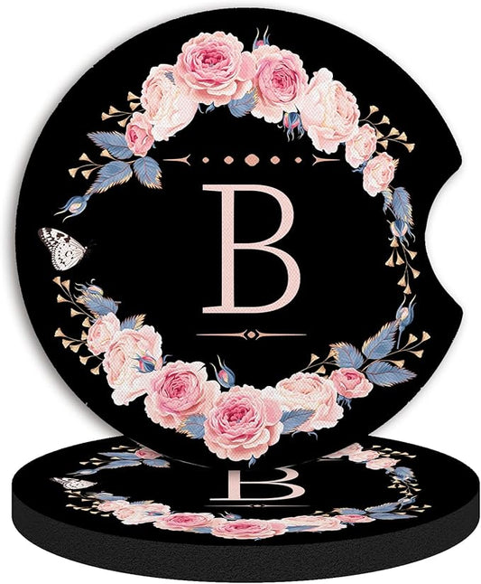 2pcs Letter B Car Coasters,Absorbent Universal neoprener Cup Holder Coasters with a Finger Notch,Car Accessories for Women&Man Interior，2.75"