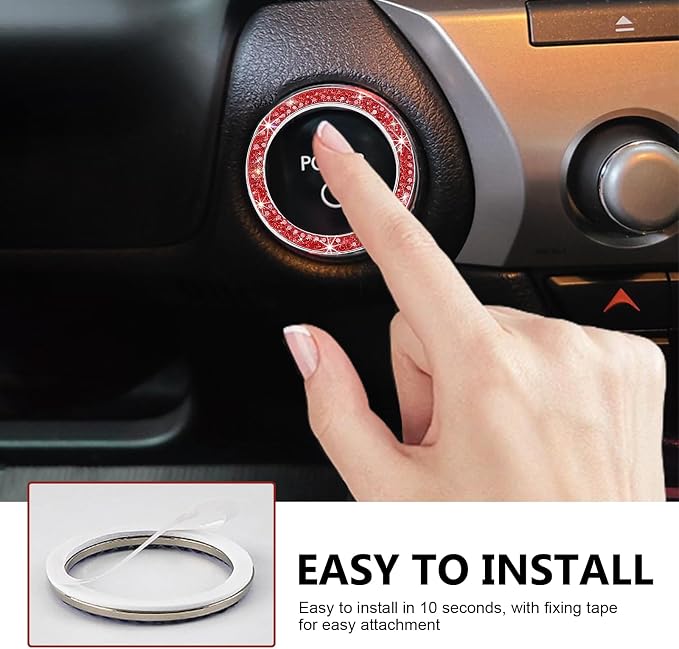2PCS Car Engine Start Decoration Ring, Bling Crystal Double Rhinestone Push to Start Button Cover Sticker, Car Interior Accessories for Women, Fit for Key Ignition Knob Ring Decoration (Red)