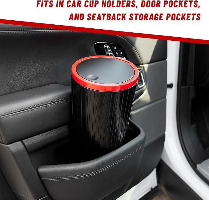 Car Trash Can with Lid, Leakproof Auto Cup Holder Garbage Can with Trash Bags, Waterproof Dustbin Container Waste Organizer for Vehicle Home Office, Car Accessories (Black & Red)