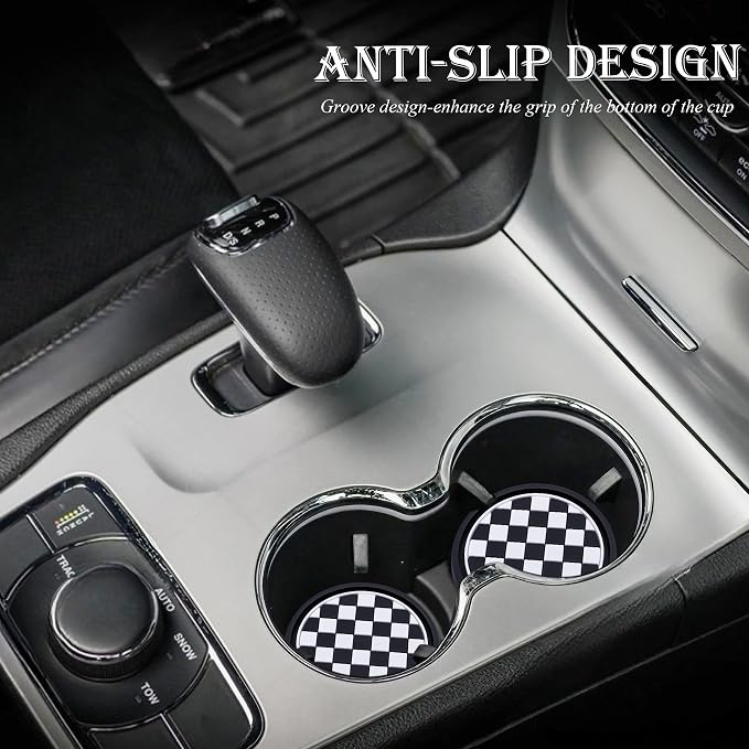 4PCS Car Cup Holder Coaster – 2.75 Inch Anti-Slip Auto Insert Cup Mat – Universal Fit for Women & Girls – Interior Decor Accessories (Checkerboard)