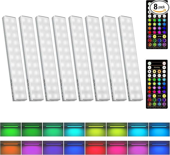 EZVALO 80 RGB Color Changing Under Cabinet Lighting Wireless, 1800mAh Rechargeable Shelf Lights, Timer & Dimmable, Magnetic, Bar Light with Remote for Kitchen, Cabinet, Display Case, 8Pack