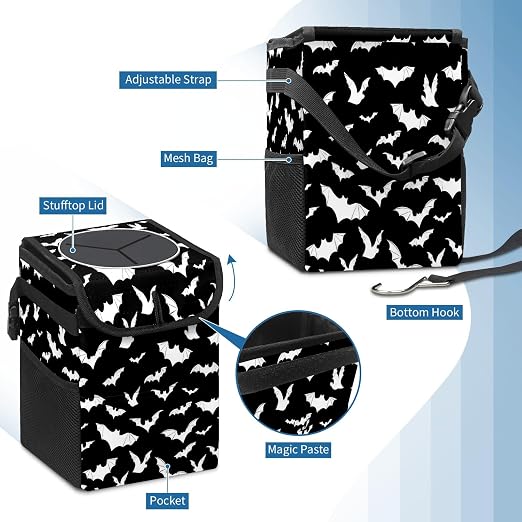 Car Trash Can with Lid Black and White Goth Bats Collapsible Reusable Leak-Proof Auto Garage Bag,Hanging Vehicle Car Accessories Interior Car Organizer