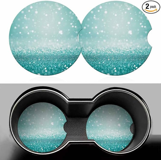 Teal Sparkle 2 Pack Car Cup Holder Coaster Anti Slip Insert Absorbent Ceramic Car Coaster with Cork Base and Finger Notch Cute Car Accessories Interior for Women Men