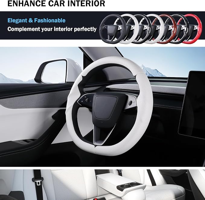 Steering Wheel Cover for Tesla Model 3 Highland(2024-Present)/ Model Y Juniper(2025-Present),Anti-Slip,Comfortable Grip,Breathable,Customized for Tesla Model 3/Y Accessories,Nappa White