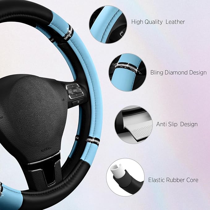 Road Comfort Leather Steering Wheel Cover – Premium Anti-Slip Car Steering Wheel Grip Cover – Universal Fit for 14.5”–15” Cars, Trucks & SUVs - Blue