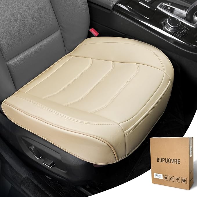 BOPUOVRE Car Seat Cover for Luxury & Comfort - PU Leather, Anti-Slip, Full Wrap Protection with Storage Pocket for Bottom Cushion - Universal Fit for 95% of Vehicles （Yellowish-White,1 Piece