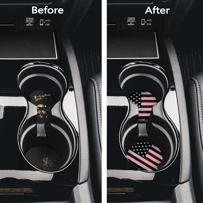 Car Coasters for Cup Holders - Black American Flag | 2 Pack Anti Slip Universal Rubber Car Cup Coaster for Women Men, Car Interior Accessories