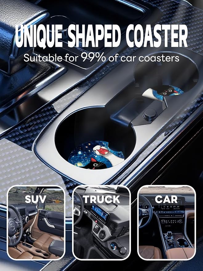 WOCOCN Car Coasters,Cup Holder Coasters for Car,2.75inch Anti Slip and Absorbent,Cute Automotive Interior Accessories for Cup Holder,Pack of 2 (Cat and Goose)
