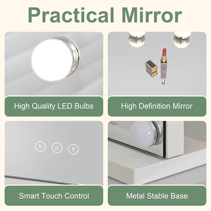 Hollywood Vanity Mirror with Lights, Vertical 20.6 Inch, White | 20.6 x 15.5 in vertical design, 15 dimmable LED bulbs, 3 light modes, 10X magnifier, touch control and USB port