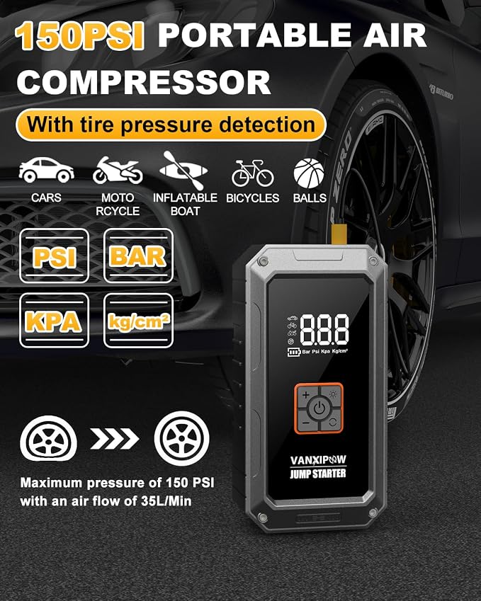 M1 6000A Car Battery Jump Starter with Air Compressor 150PSI (9.0 L Gas/8.0L Diesel), Portable Car Jump Starter Power Pack, Battery Charger 12V Jump Box with LED Light, Large LED Display, Power Bank