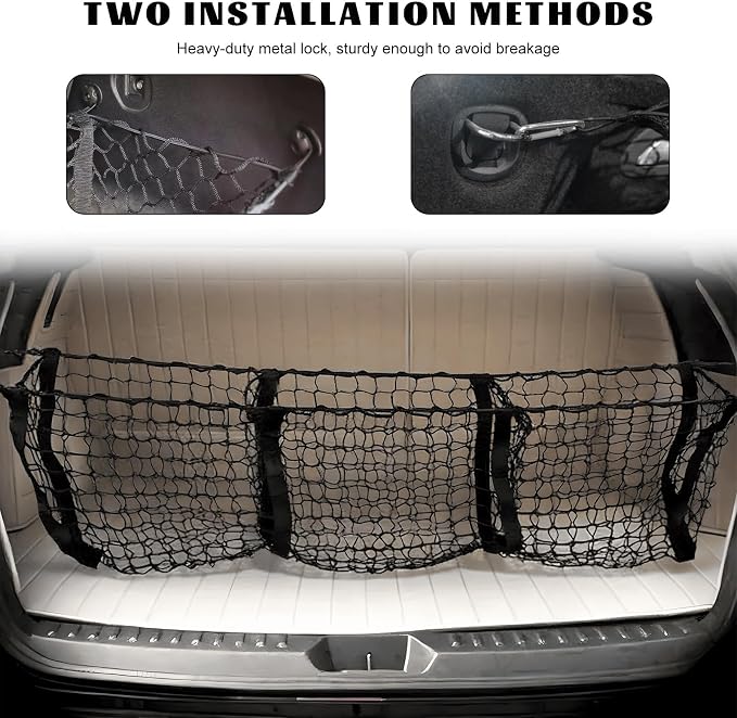 Trunk Cargo Net, Stretchable 3 Pockets Mesh Storage Organizer with Metal Hooks, Heavy Duty Netting Cargo Organizer Holder for Sedan SUV Pickup Truck, Car Accessories (11.8×35.4 inches)
