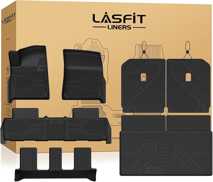 LASFIT Floor Mats for Rivian R1S 2025, with Cargo & Backrest Mats | Not Fit 2026 Models, 1st 2nd 3rd Rows, Trunk Mat & Backrest Mats, Premium TPE Liners, Custom Laser Fit, Full Edge Coverage