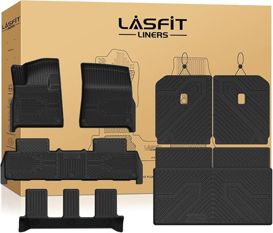 LASFIT Floor Mats for Rivian R1S 2025, with Cargo & Backrest Mats | Not Fit 2026 Models, 1st 2nd 3rd Rows, Trunk Mat & Backrest Mats, Premium TPE Liners, Custom Laser Fit, Full Edge Coverage