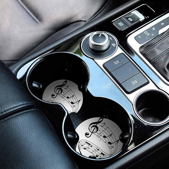 Music Notes Car Cup Holder Coaster 2 Pack Absorbent Ceramic Car Coasters for Cup Holders Car Accessories Interior for Women Men Universal Anti Slip Cork Base Cup Coasters with Finger Notch