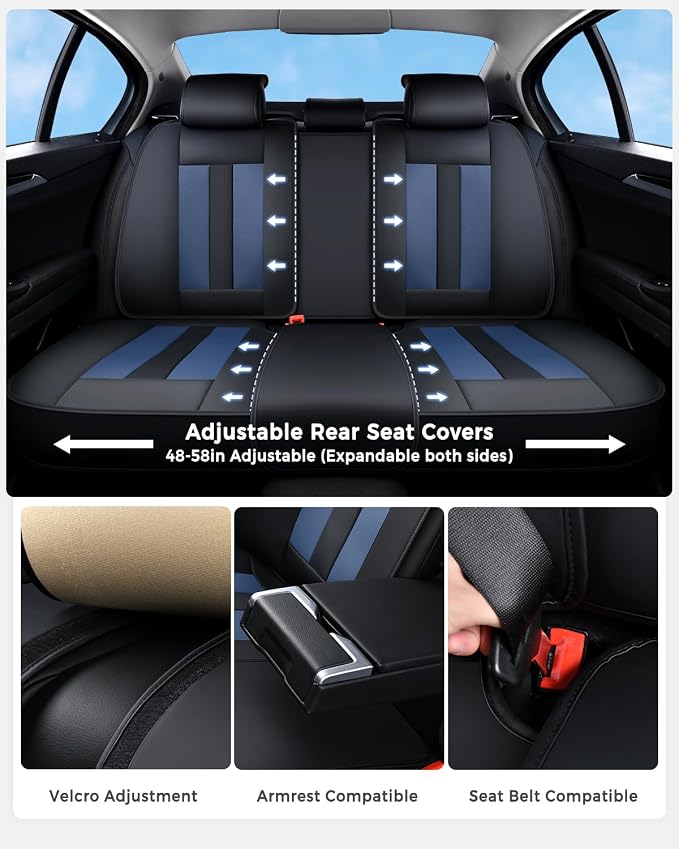 Huidasource Universal Car Seat Covers, Waterproof Faux Leather, Airbag Friendly, Easy Installation, Unobstructed Cup Holders, Scratch Resistant for Family Trips, Black & Blue