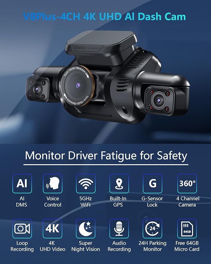 HUPEJOS 4K 360° Dash Cam Front and Rear, 4 Channel Camera for Cars | Upgrade AI Driver Monitor System DMS, 5GHz WiFi GPS, Night Vision, Voice Control, Free 64GB SD Card, 24H Parking Mode, V8Plus