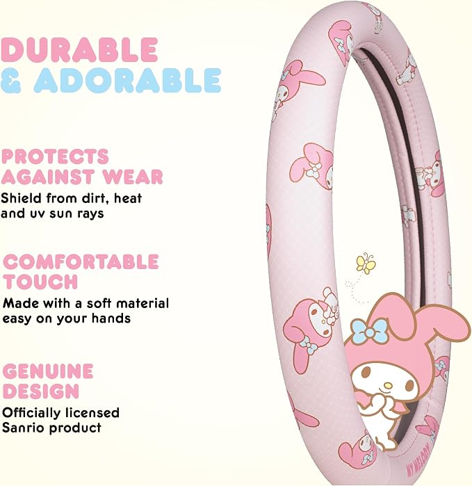 Sanrio My Melody Pastel Pink Steering Wheel Cover for Car, SUV, Truck | Universal Fit Cute Car Accessories & Gift for Women, Official Licensed Steering Wheel Protector, Fits 14.5"-15" Wheels