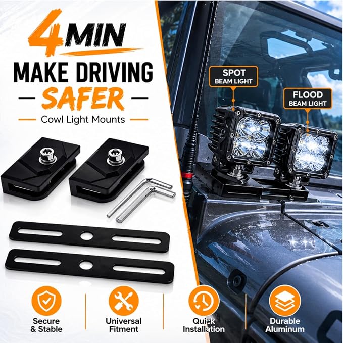 Hood Light Mount Brackets A Pillar Ditch Light Brackets with Extensions | Clamp-On Ditch Light Brackets + Extensions for Hood Mount | No-Drill Universal, Holds Lights, Antenna & Camera