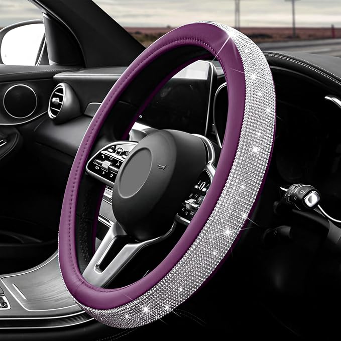 Diamond Leather Steering Wheel Cover, 15 Inch Bling Crystal Rhinestone Anti-Slip Wheel Protector, Universal Sparkling Elegant Diamond Steering Wheels Cover for Women Girl (White&Purple)