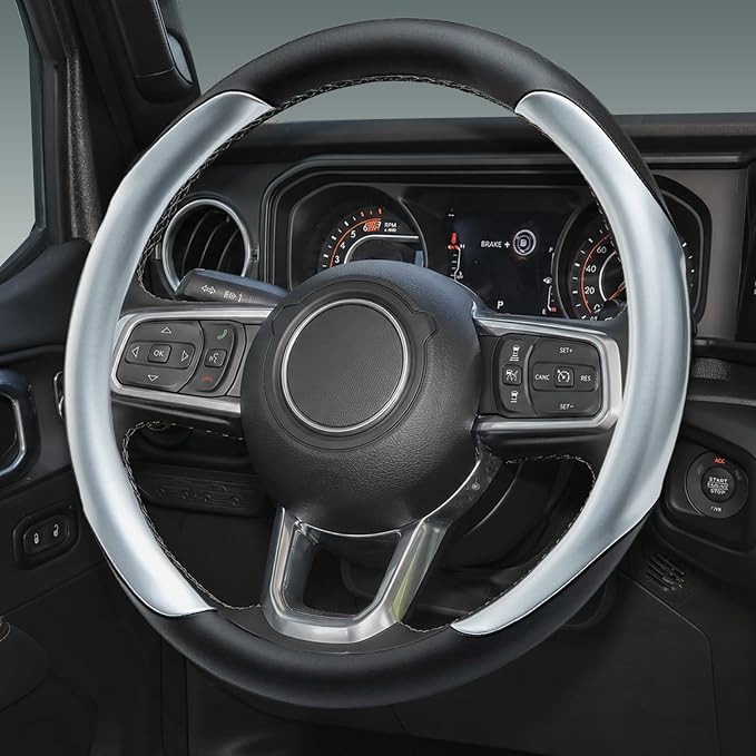 Yangday Leather Steering Wheel Cover for Jeep Wrangler Grand Cherokee Compass, 14.5-15 inches Car Steering Wheel Cover with Non-Slip Breathable (Bright Silver)
