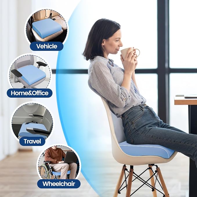 SweetSlubr Seat Cushion for Tailbone Pain Relief, Office Chair Cushion, Memory Foam Large Chair Pad with Non-Slip Cover for Soft Support at Office Chair, Car Seat, Airplane Light Blue/2X-Large