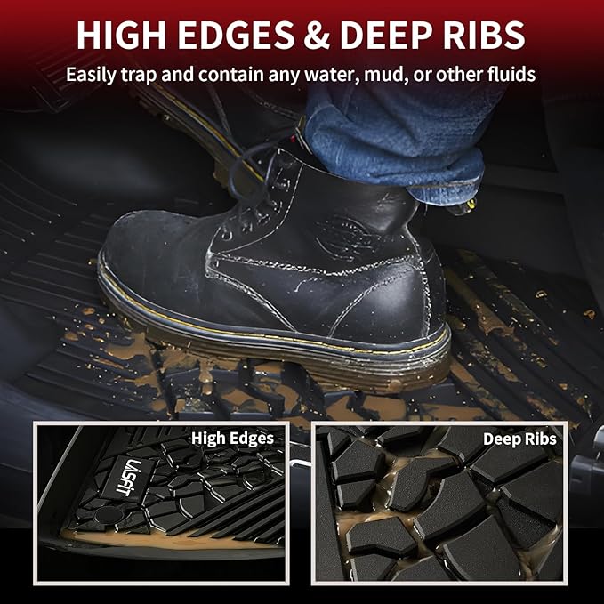 LASFIT Floor Mats for Jeep Wrangler Unlimited 4XE 2021-2024 2025 4 Doors | Plug-in Hybrid EV-Gas (PHEV), All Weather, TPE, Custom Fit, Car Mats, Floor Liners, 1st & 2nd Row, Black