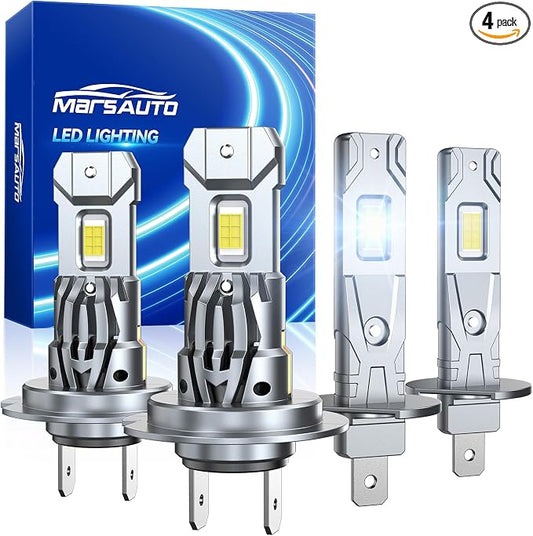 Marsauto M1S H1 H7 LED Bulbs Combo, 80000LM 6000K Cool White Super Bright, 2 Pairs H1+H7 LED Fog Light Replacement, Plug and Play, 60,000+ Hours Lifespan, 4-Pack for ATV Headlights