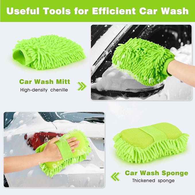 7-in-1 Car Wash Brush Kit with 15° Curved Long Handle for Cars | Car Cleaning Kit with 2 Replaceable Car Washing Mop, Wash Sponge, Mitt, Towel, Tire Brush for RV SUV Truck, Green