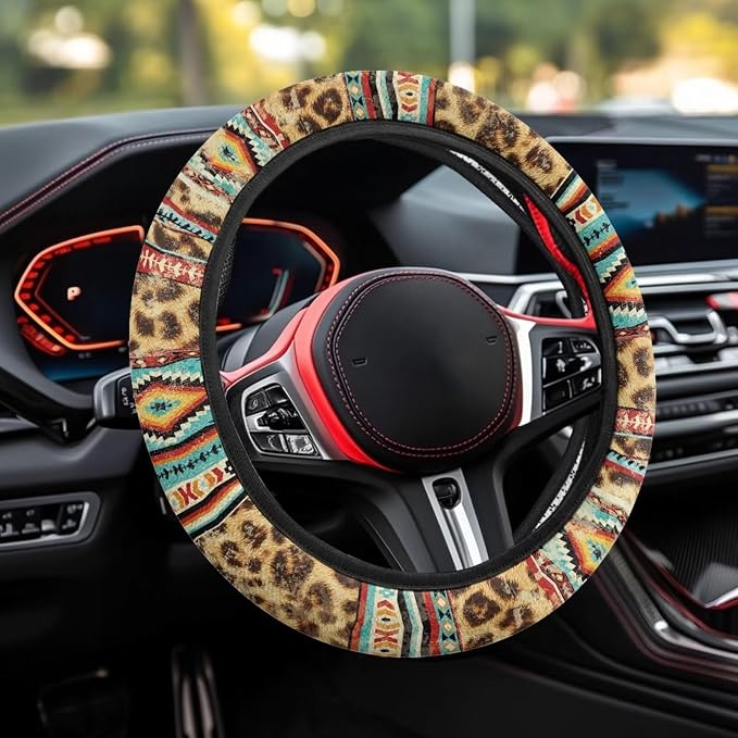Wanyint Car Steering Wheel Cover Universal 15 Inch Auto Accessories Car Interior Decoration for Women Men Fit SUV Sedan Van Truck, Vintage Aztec Leopard Print