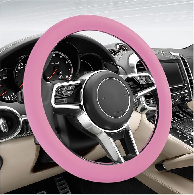 DXNQ Car Steering Wheel Cover, 13 to 14.17 inches Anti-Slip Silicone Steering Wheel Protector, Soft Flexible Shock-Absorbent Steering Wheel Protective Cover for Most Car Models (Pink)