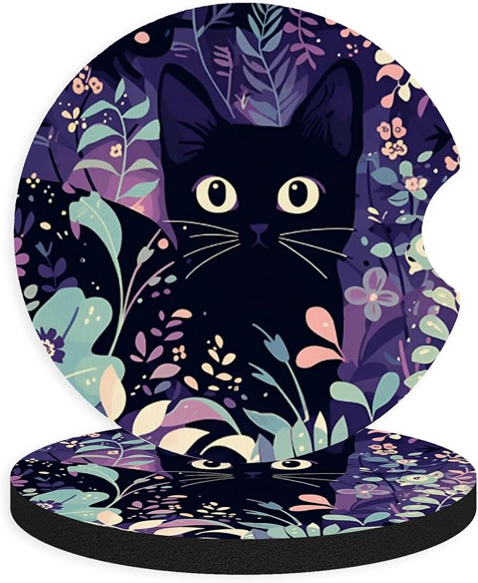 2pcs Cute Black Cat Car Coasters,Absorbent Universal neoprener Cup Holder Coasters with a Finger Notch,Car Accessories for Women&Man Interior，2.75" 1
