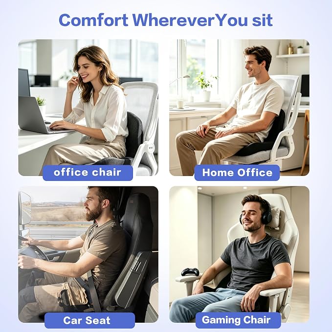 Back and Seat Cushion for Office Chair, Black | Wide ergonomic memory foam, coccyx cutout & adjustable straps, tailbone & back relief, non-slip for car, home & gaming