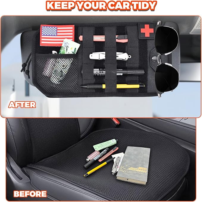 1000D Sun Visor Organizer Fits Most Car, SUVs, and Trucks | with Zipper Visor Storage Pouch, Car Sunglasses Holder, Hard Molle Panel for Tactical Gears