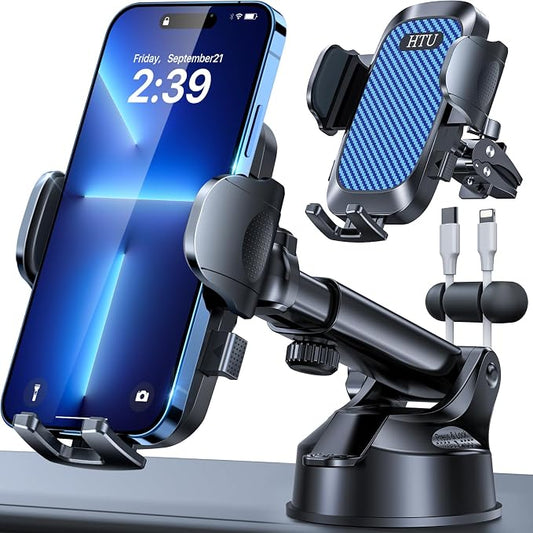 HTU 2026 Ultimate Best【True Military-Grade & Safety Cert】 Car Phone Holder | 【Upgraded 360 Rotation & 100LBS Strongest Suction】5-in-1 Truck Windshield Dashboard Vent Mount Stand for iPhone Android, Blue