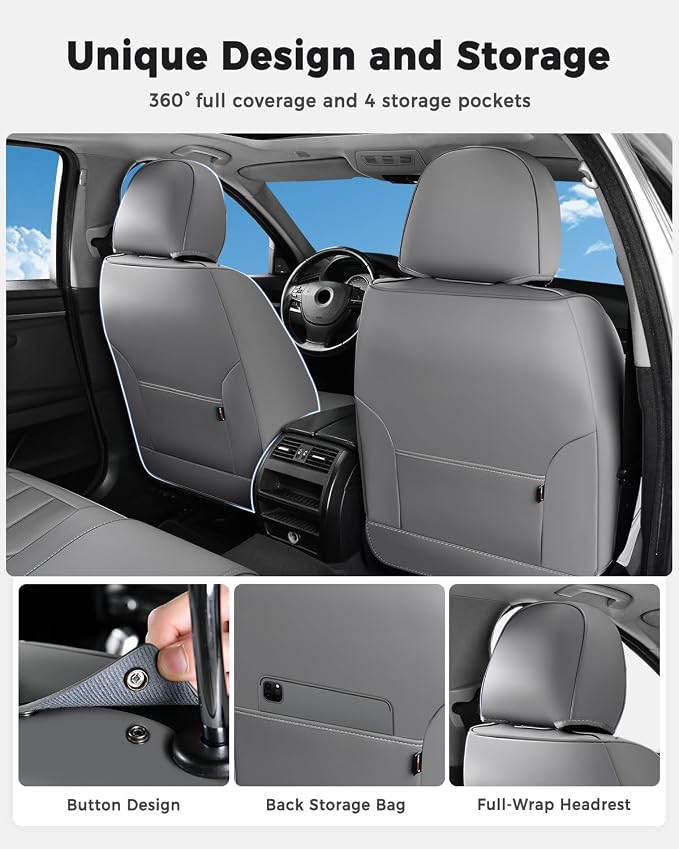 Huidasource Seat Covers Full Set, Universal Fit for Cars SUVs Trucks, Gray | Full Coverage Leather Car Seat Cover, Airbag, Cupholder Compatible, Seat Function Retain, Velcro Adjustable
