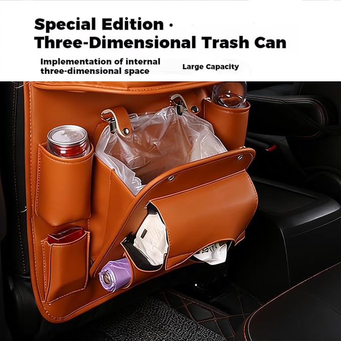 2 Pack Car Backseat Organizer with Foldable Table Tray, PU Leather Seat Back Organizer with Trash Bin, Tablet Holder, Kick Mat Protector, Back Seat Storage for Cars, Brown