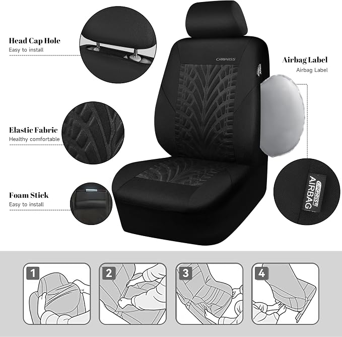 CAR PASS Car Seat Covers Two Front Only for Car, 3D Tyre Print Automotive Interior Covers, Airbag Compatible, Quick Setup Universal Fit Seat Covers for Car, Truck, SUV(Black)