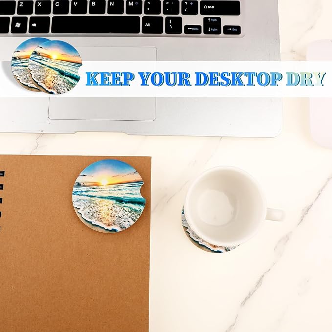 Jeffdad Car Cup Holder Coasters, 2 Pack Absorbent Ceramic Coaster 2.56" Universal Ceramic Stone & Non-Scratch Cork Base Coasters Auto Accessories for Women & Men(Sunset)