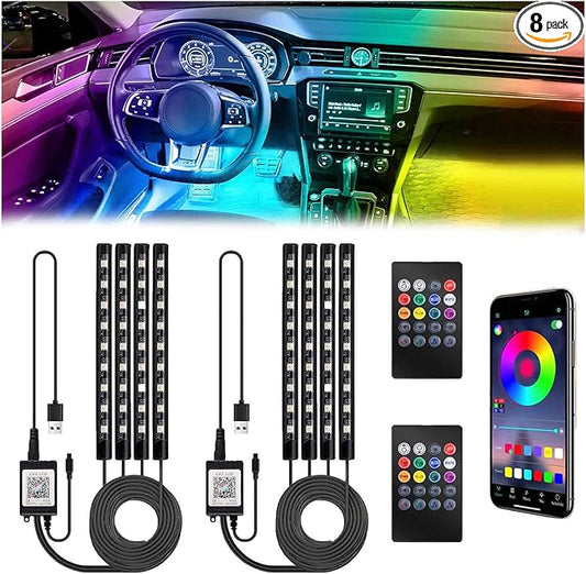 BFXM Car Interior Lights, 5V LED Strip Lights with USB Adapter, Ambient Lighting Car Accessories, App & Remote Control Music Sync Color Change Lights for Truck Car Decor- 2 Set