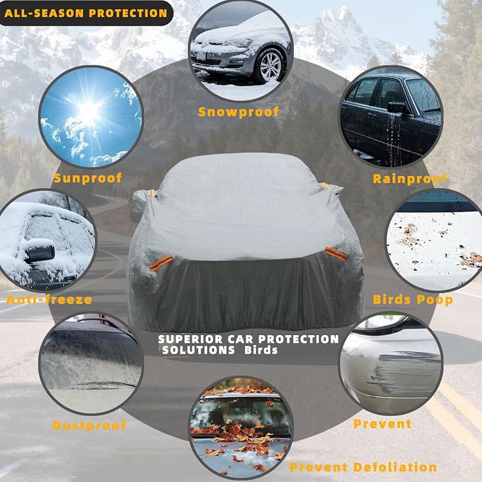 6 Layers Car Cover Waterproof All Weather for Automobiles Outdoor Full Cover Rain Sun UV Protection with Zipper Cotton Size A2 (186" to 193") Universal Fit for Sedan