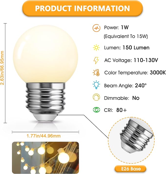Globe LED Low Watt Light Bulbs, 1W Equivalent 15 watt Soft White 3000K Frosted, Tiny G40 Bulbs for Vanity Mirror Bathroom, Porch, Home Decor, Hollywood Style E26 Base Low Lumens Light Bulb, 6 Pack