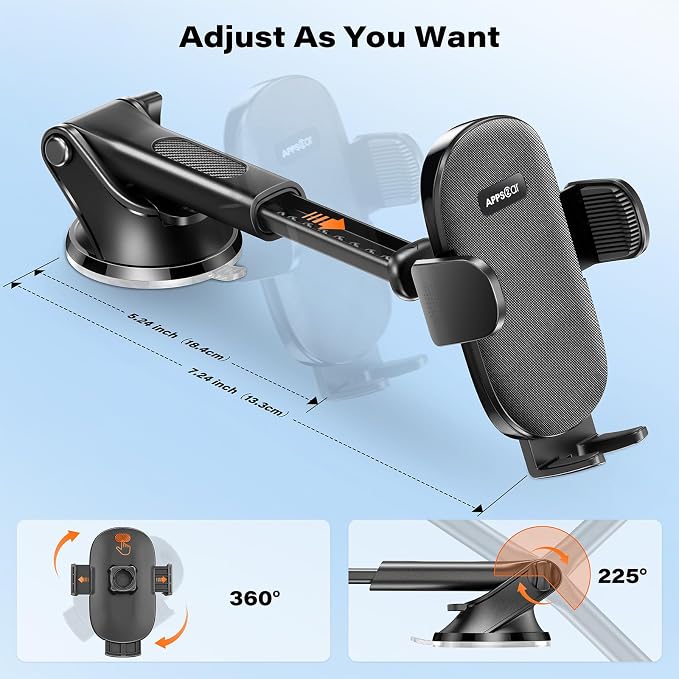 APPS2Car Car Phone Holder Mount, Strong Suction Dashboard & Windshield Phone Holder for Car, Hands-Free, Compatible with iPhone Samsung All Phones, Ideal for Delivery & Uber Drivers, Fleet Vehicles