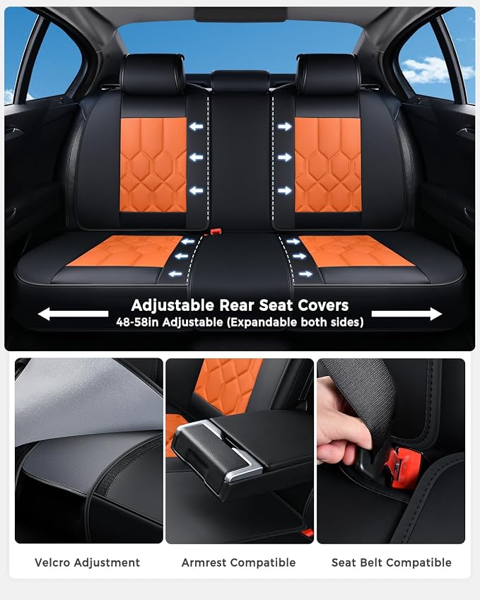 Huidasource Car Seat Covers, Universal Fit for Cars SUV Truck, Black&Orange | Full Coverage Leather Seat Cover, Airbag, Cupholder Compatible, Seat Function Retain, Easy Install with Velcro
