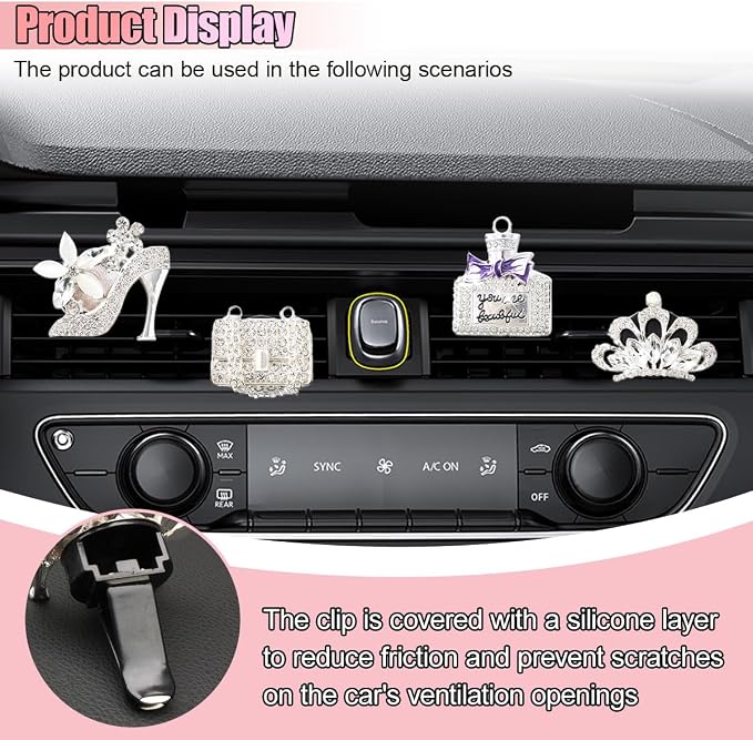 4PCS Bling Car Air Vent Clip, Crystal Rhinestone Heels Bag Crown Perfume Bottle Dashboard Air Vent Trim Clips, Car Interior Outlet Diffuser Decoration Accessory for Women (Silver)