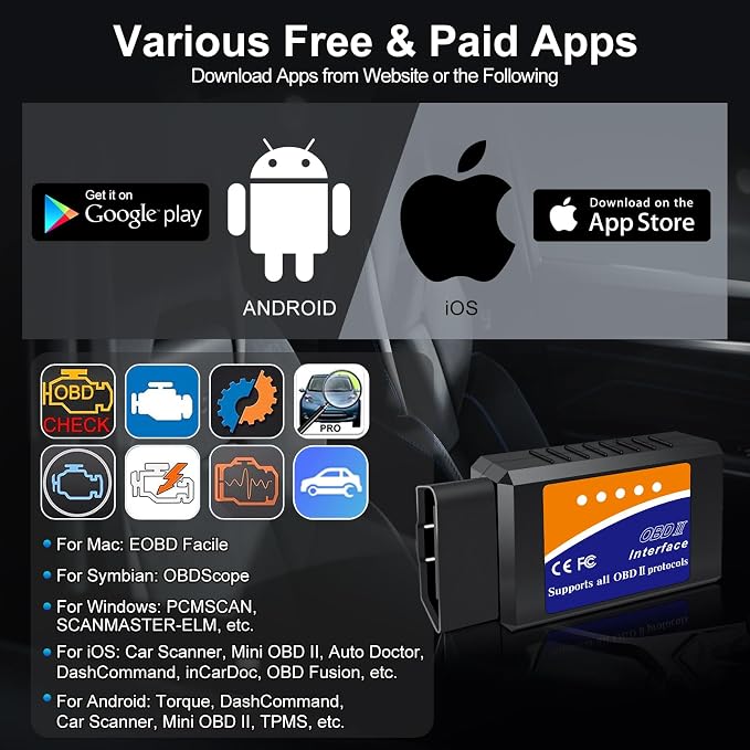 OBD2 Bluetooth Scanner for iPhone iOS Android Windows Car Code Reader Enhanced Auto Diagnostic Scan Tool Odb2 OBDII Adapter Check Engine Light Live Data Reset Vehicle Performance Test Exclusive APP