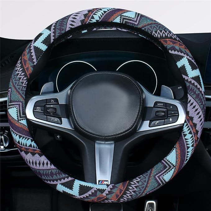 Ethnic Style Coarse Flax Cloth Automotive Steering Wheel Cover Anti Slip and Sweat Absorption Auto Car Wrap Cover (M, 14.5''-15'')