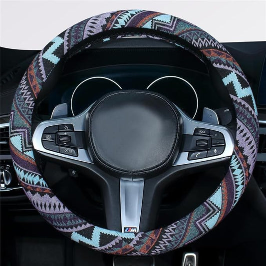 Ethnic Style Coarse Flax Cloth Automotive Steering Wheel Cover Anti Slip and Sweat Absorption Auto Car Wrap Cover (M, 14.5''-15'')