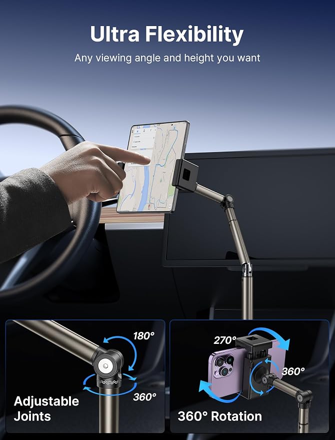 JSAUX Car Cup Holder Phone Mount for Foldable Phones & Mini Tablets | Sturdy Metal Long Arm, Flexible Height and Angle, Adjustable Base, Secure Phone Grip, Fits 2.17-4.33 in Car Cup Holders